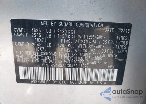 2018 Subaru Outback 2.5I Limited из США, поврежденный, VIN 4S4BSAKC6J3311377